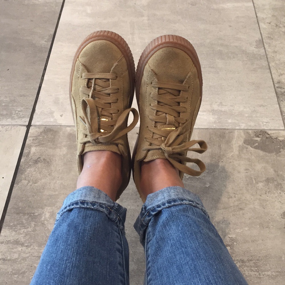 puma tan suede basket platform shoes